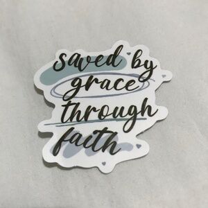 3/$15 - Saved By Grace Through Faith Sticker Religious Hearts Blue White Black